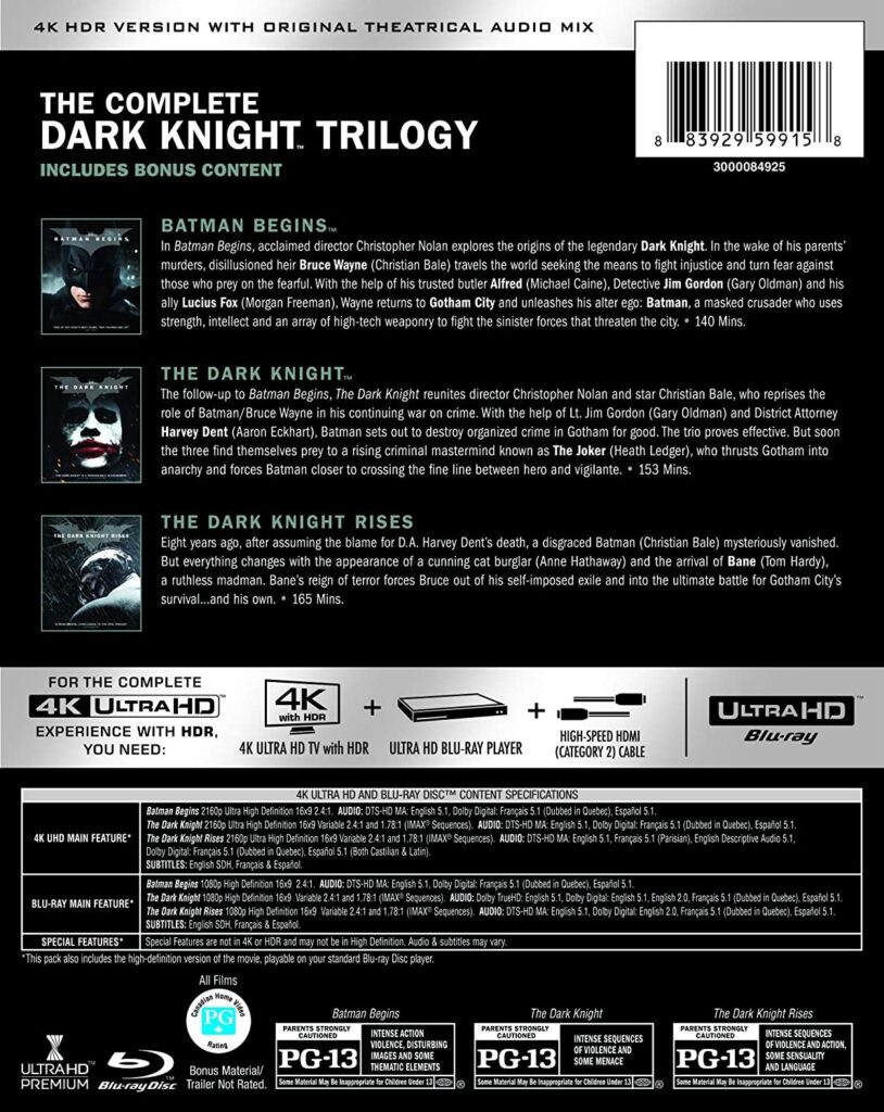 The Dark Knight Trilogy UHD4K Blu Ray fílmico